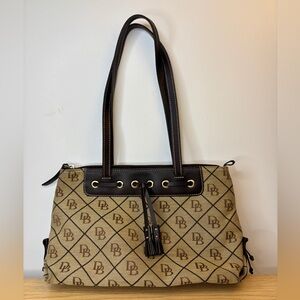 Dooney & Bourke Monogram Canvas Shoulder Bag Brown Leather Trim Tassel Beige